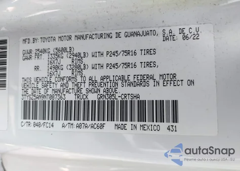 2022 Toyota Tacoma Sr5 V6 z USA, uszkodzony, nr VIN 3TYSZ5AN9NT087363